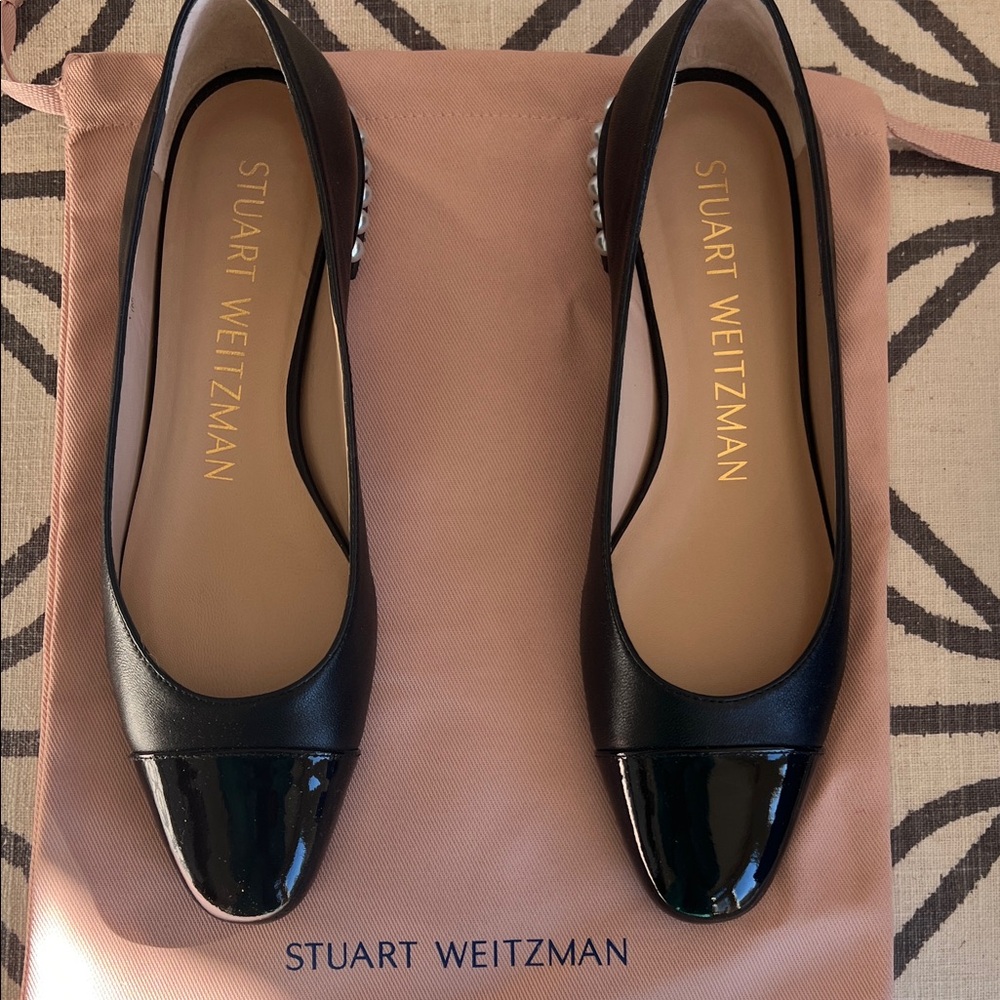Stuart Weitzman Black Leather Cap-Toe Ballet Flats
